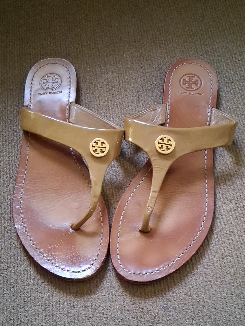 Tory Burch Olive/Tan Leather Logo Thong Sandals